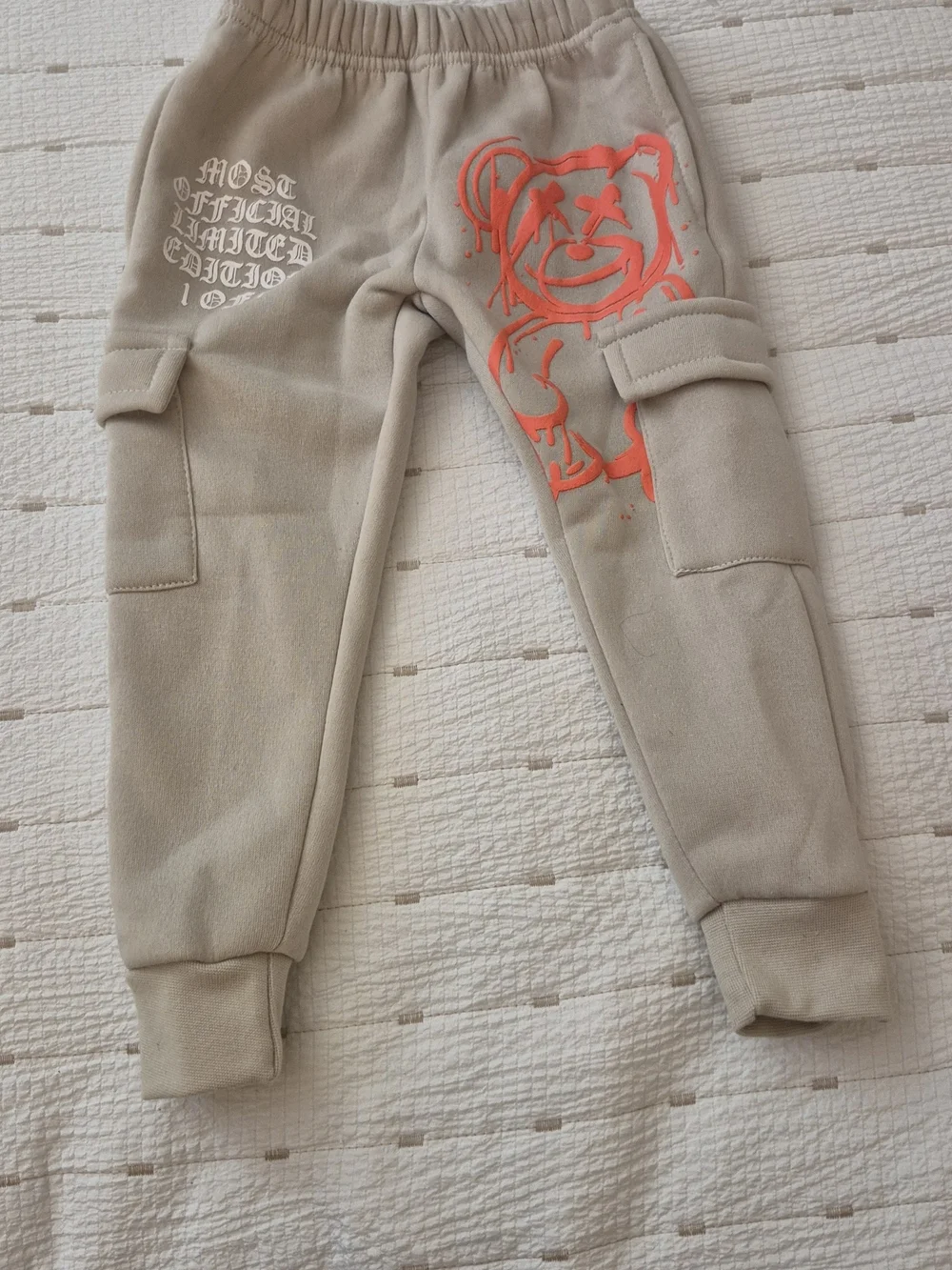 2 PC Kids Beige Hoodie And Pants with Orange Teddy Graphic